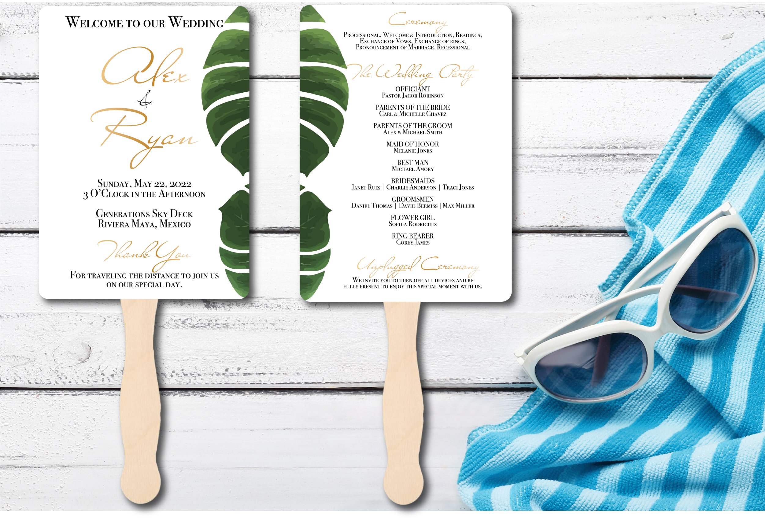 beach wedding program fans