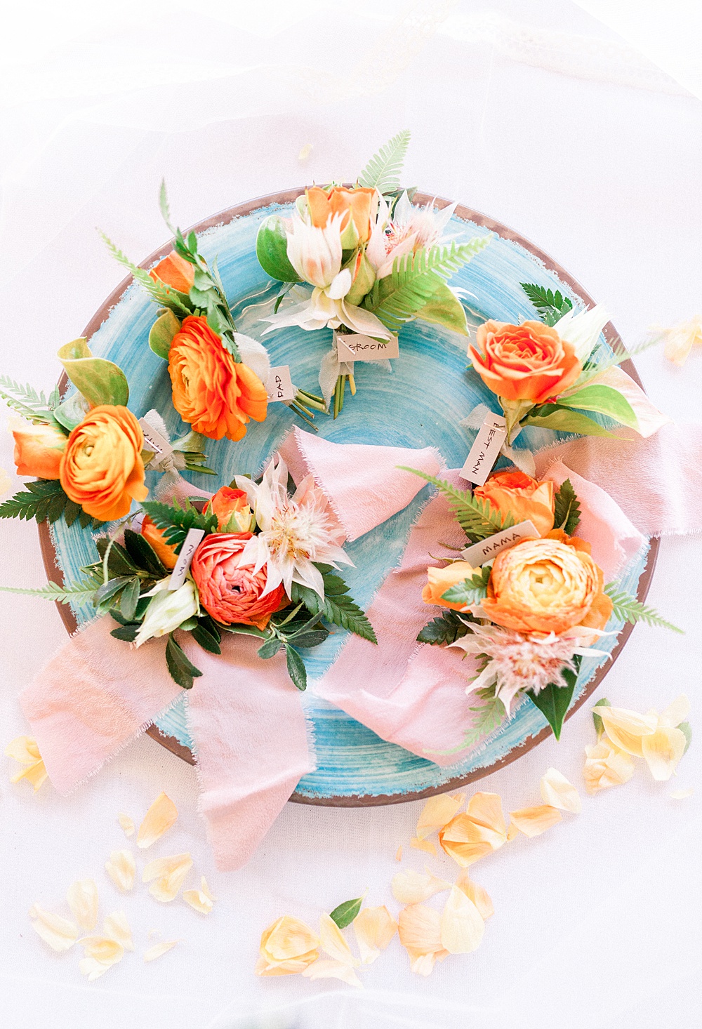 Bright Orange and Coral Wedding Boutonnieres