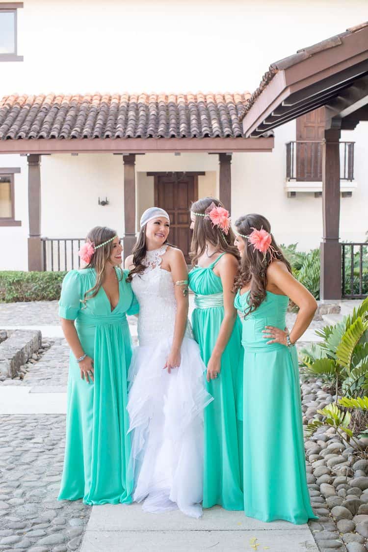 Turquoise and coral beach bridesmaid attire