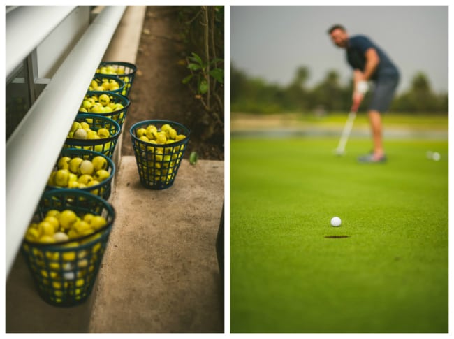 Groom golfing before destination wedding