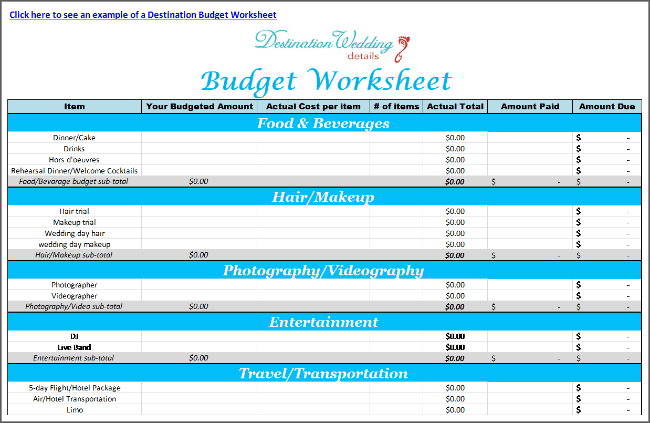 destination wedding budget spreadsheet