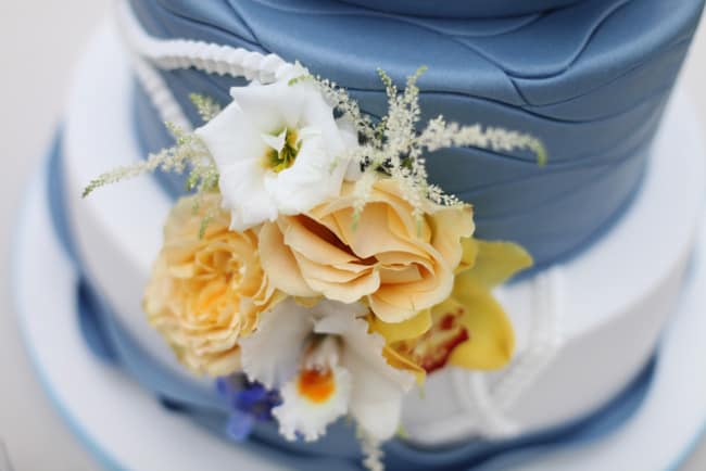 amazing beach wedding cake in Slate blue and white