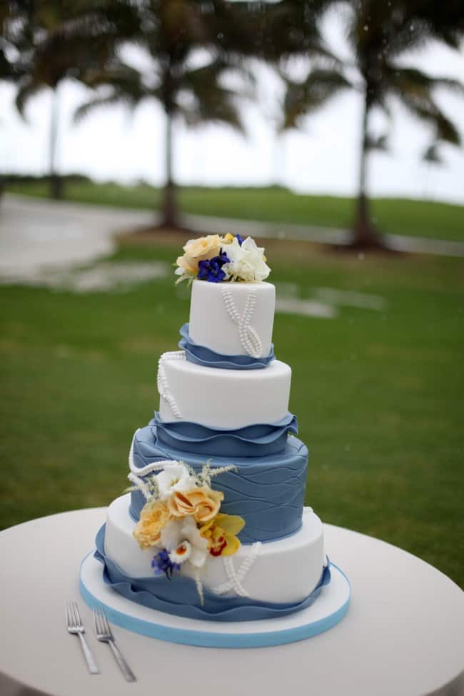 amazing beach wedding cake in Slate blue and white