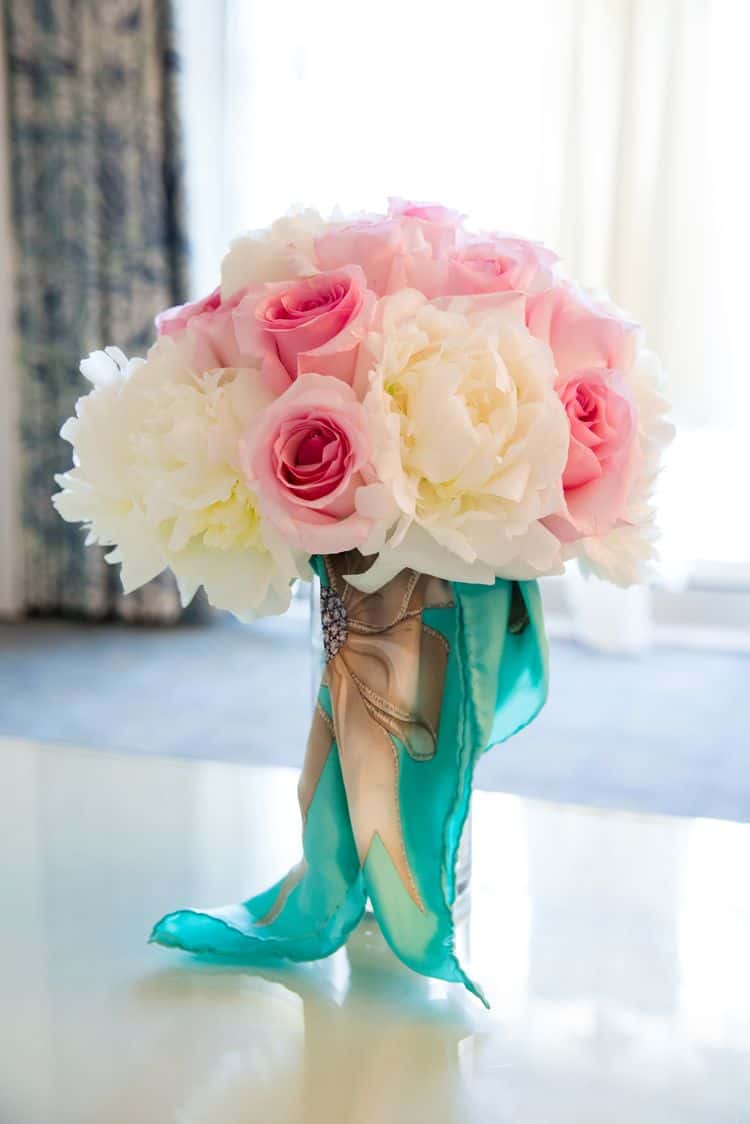 Pink and white bouquet with a tiffany scarf