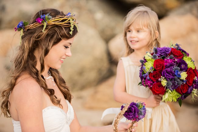 Gorgeous jewel toned beach wedding flowers