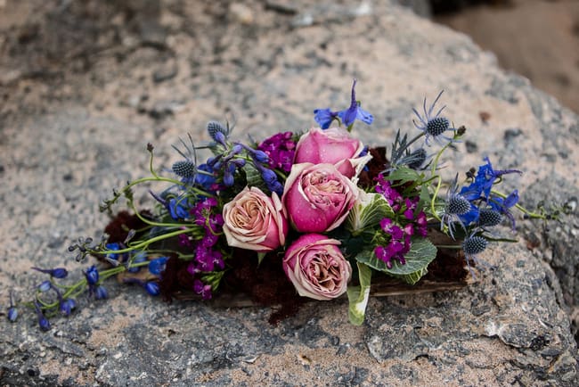 Jewel toned beach wedding flowers