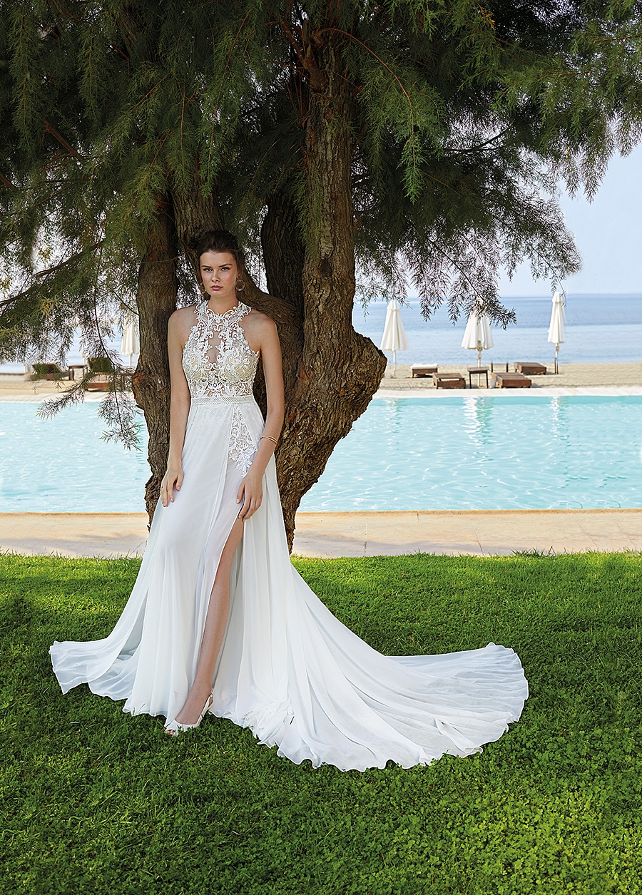 destination bridal gown with chiffon overlay skirt