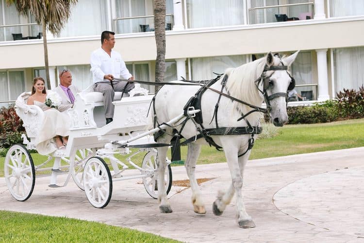 The bride arriving in a horse drawn carriage for her destination wedding at the Moon Palace