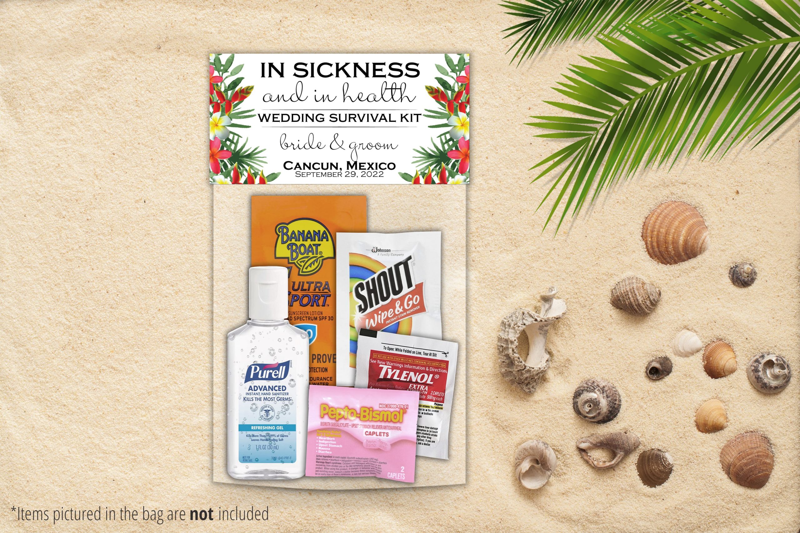 Tropical destination wedding hangover recovery kit ideas