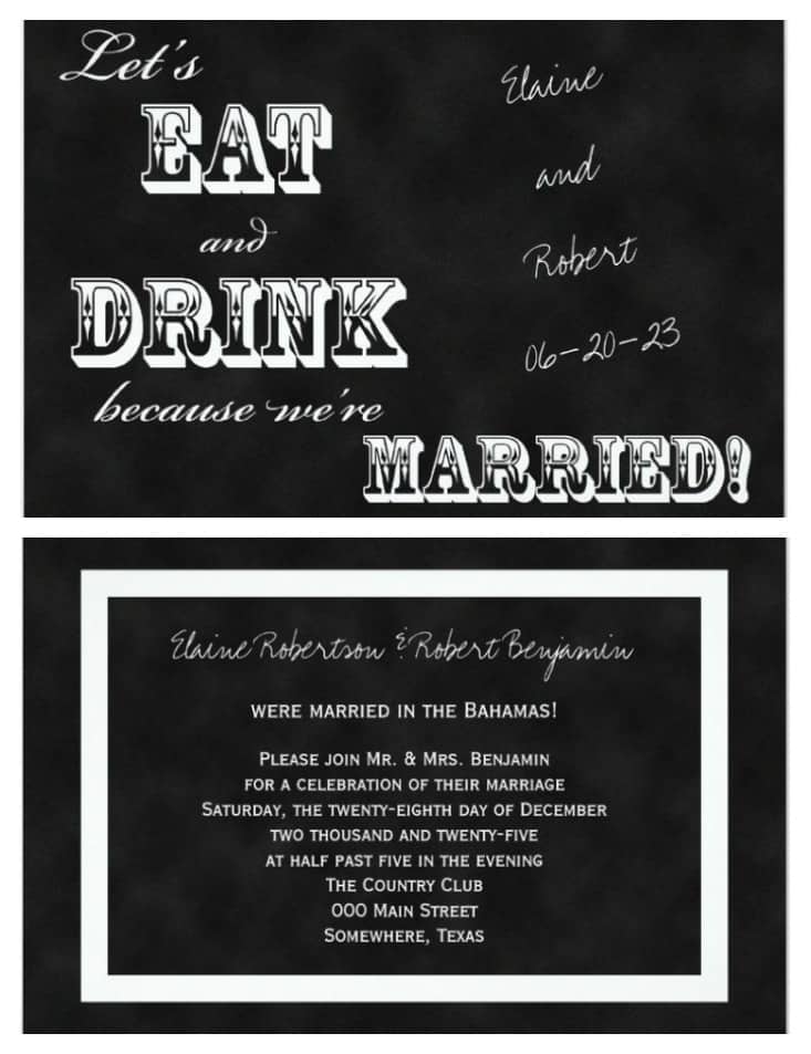 at home wedding reception invitations with a chalkboard design