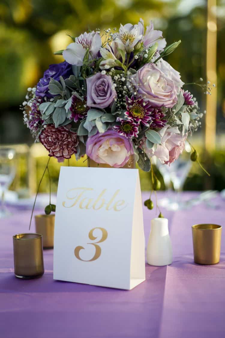 purple and gold beach wedding centerpieces