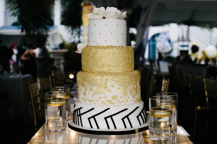 black, white and gold wedding cake