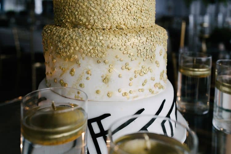 black, white and gold wedding cake