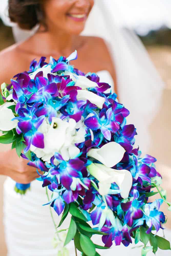 blue and purple orchid cascading bouquet